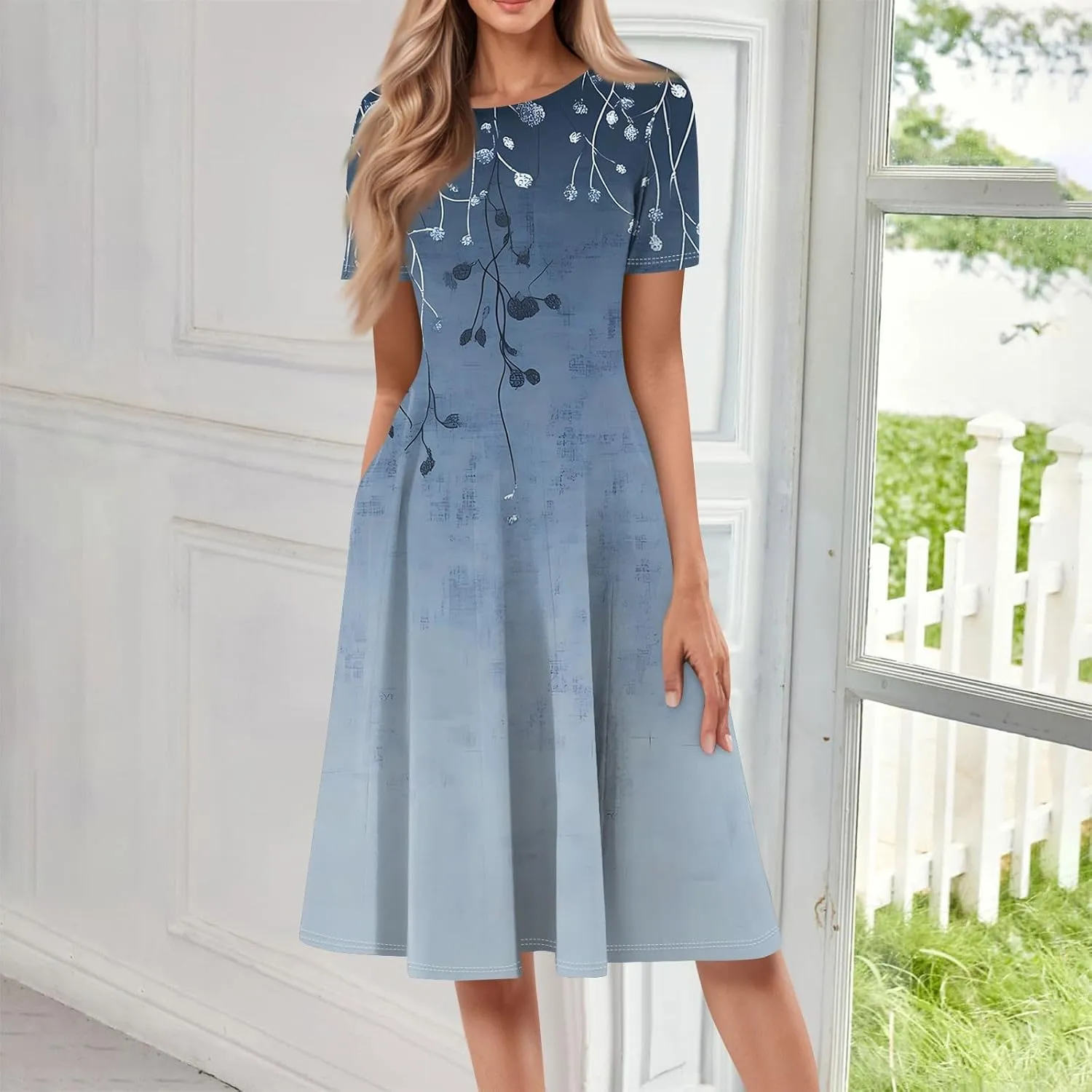 Summer Dresses for Women 2025 Midi Short Sleeve Round Neck Floral Elegant Pleated with Side Pocket A Line Sundresses