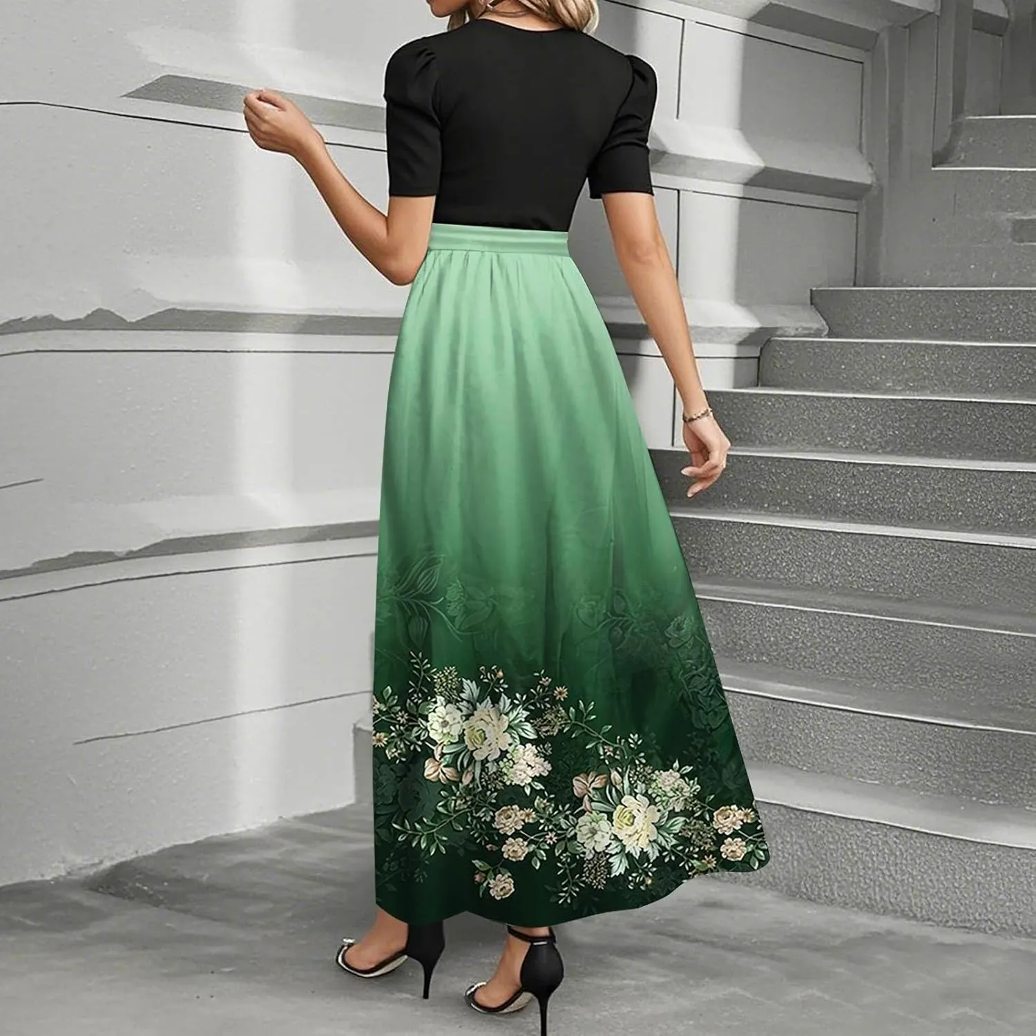Summer Dresses for Women 2025 Short Sleeve Flowy Maxi Dress Casual Patchwork A Line Elegant Sundresses
