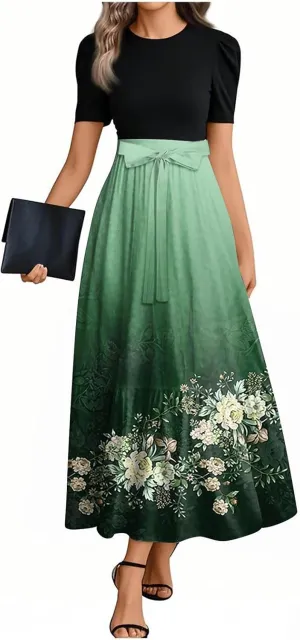Summer Dresses for Women 2025 Short Sleeve Flowy Maxi Dress Casual Patchwork A Line Elegant Sundresses