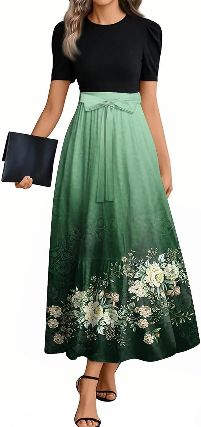 Summer Dresses for Women 2025 Short Sleeve Flowy Maxi Dress Casual Patchwork A Line Elegant Sundresses