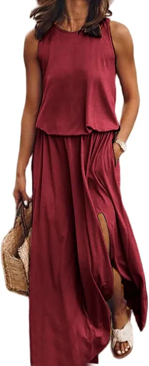 Summer Dresses for Women Casual Loose Sundress Split Maxi Dress Sleeveless Long Beach Dress Travel Vacation Outfits