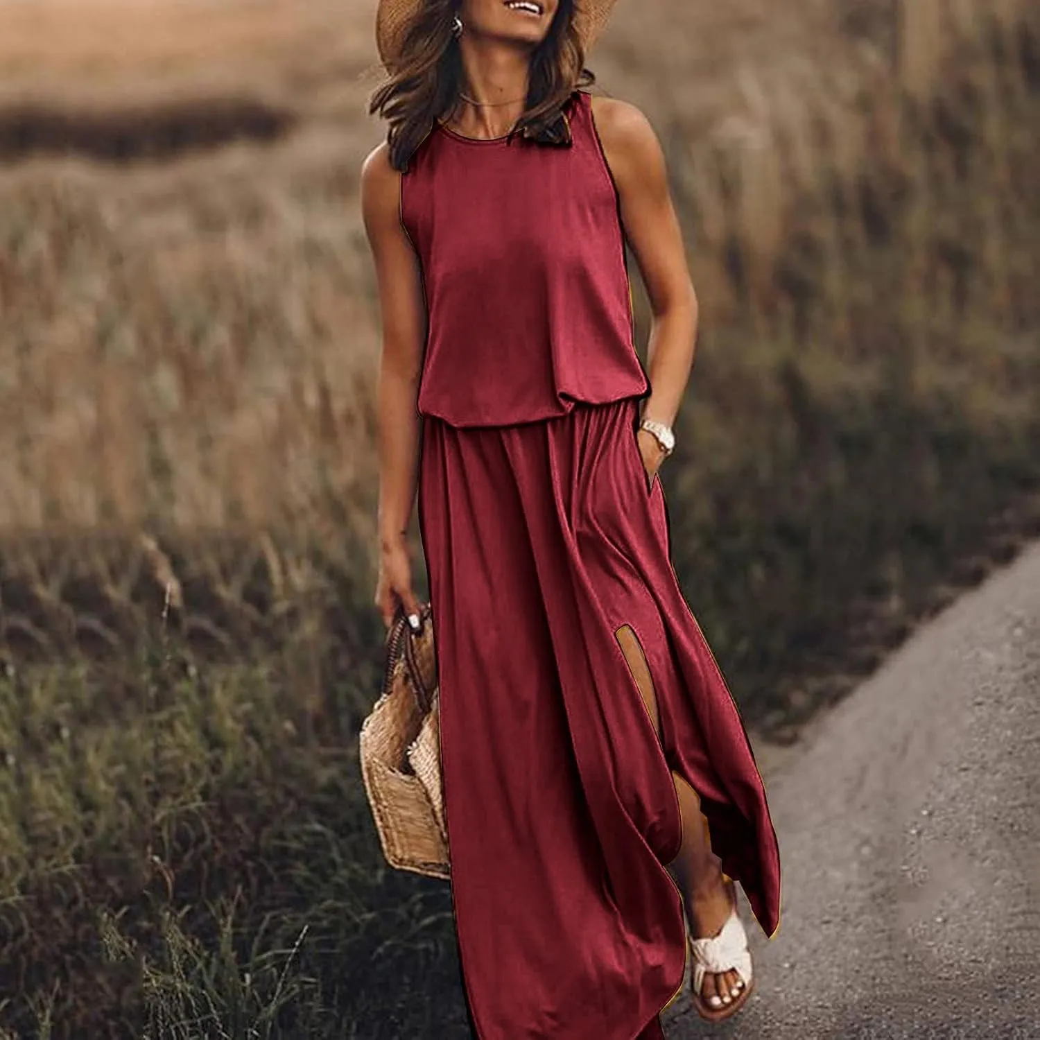 Summer Dresses for Women Casual Loose Sundress Split Maxi Dress Sleeveless Long Beach Dress Travel Vacation Outfits