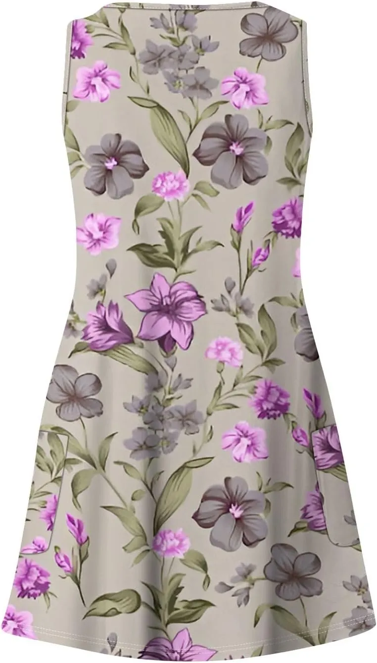 Summer Dresses for Women Casual Tshirt Tank Dresses Loose Flowy Sleeveless Mini Dress Beach Sundresses with Pockets