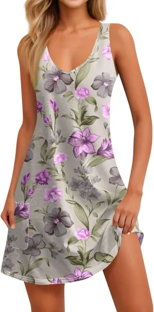 Summer Dresses for Women Casual Tshirt Tank Dresses Loose Flowy Sleeveless Mini Dress Beach Sundresses with Pockets
