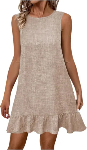 Summer Dresses for Women Ruffle Hem Sleeveless Tank Dress Round Neck Casual Smock Spring Mini Dresses