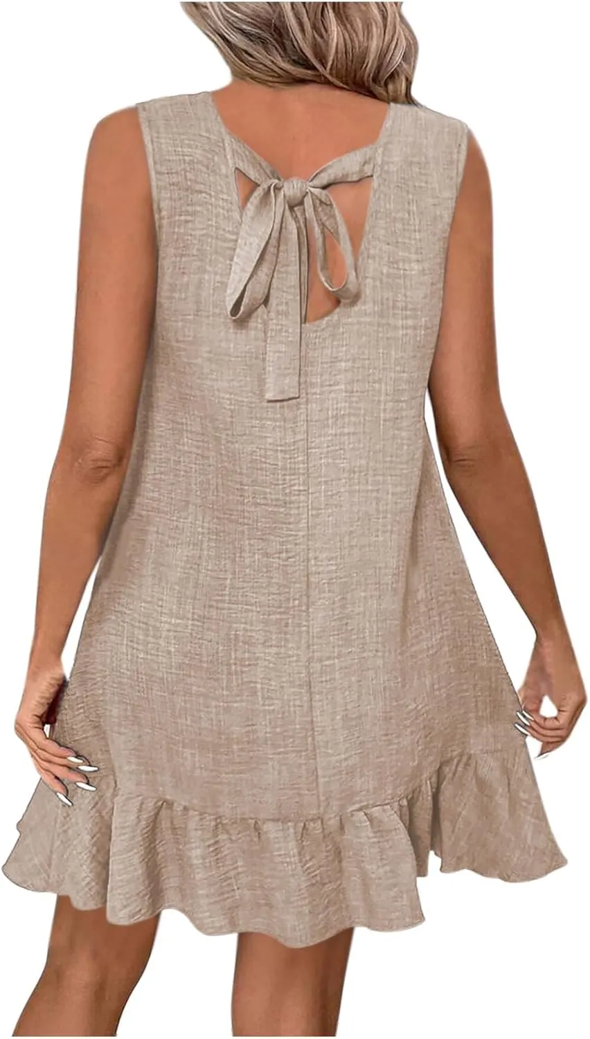 Summer Dresses for Women Ruffle Hem Sleeveless Tank Dress Round Neck Casual Smock Spring Mini Dresses