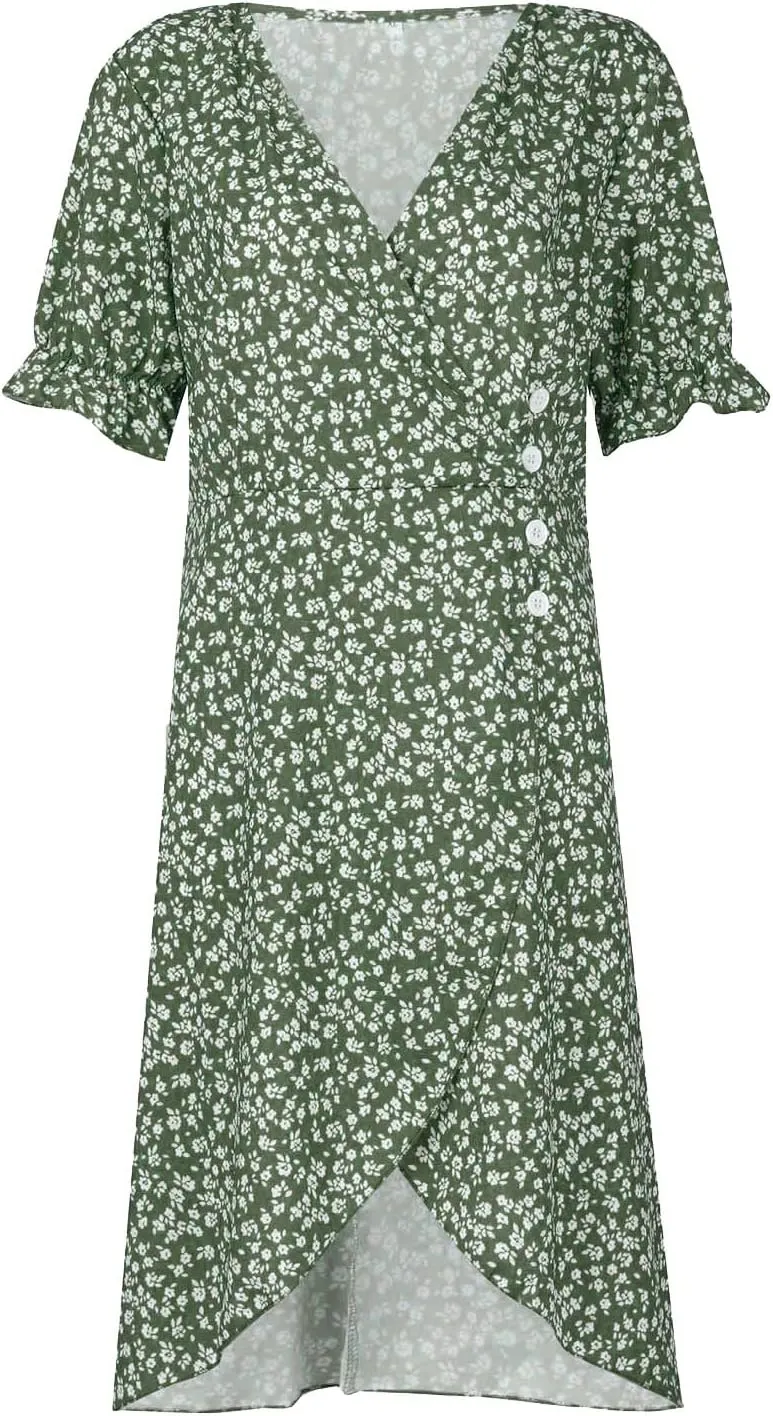 Summer Dresses for Women Wrap Midi Dresses for Women Puff Sleeve Trendy Summer Loose Casual Vintage Cute