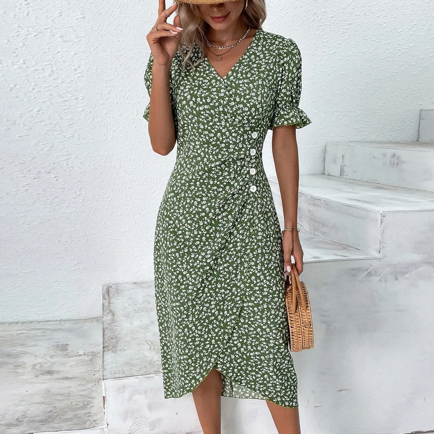 Summer Dresses for Women Wrap Midi Dresses for Women Puff Sleeve Trendy Summer Loose Casual Vintage Cute