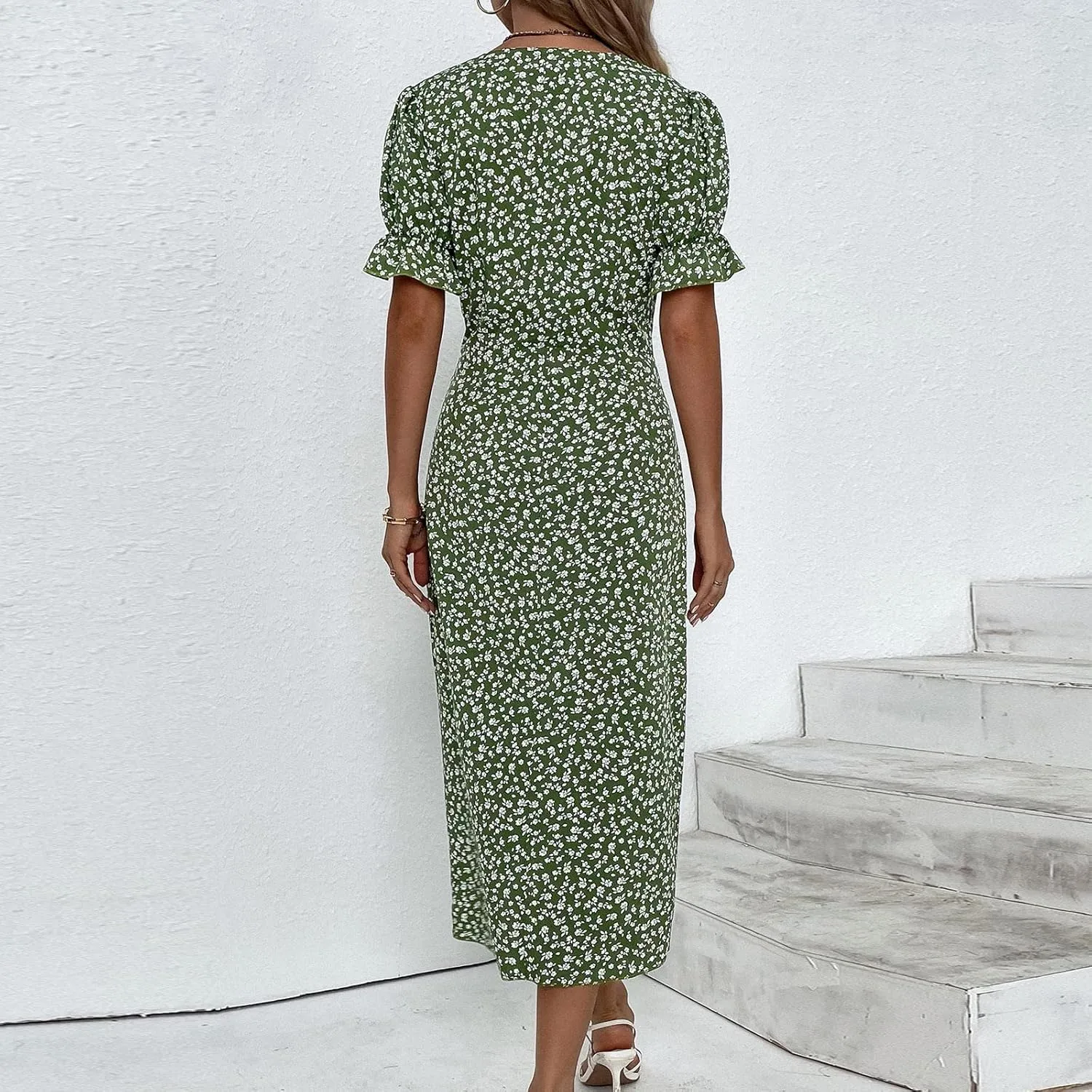 Summer Dresses for Women Wrap Midi Dresses for Women Puff Sleeve Trendy Summer Loose Casual Vintage Cute