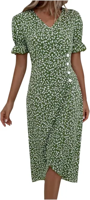 Summer Dresses for Women Wrap Midi Dresses for Women Puff Sleeve Trendy Summer Loose Casual Vintage Cute