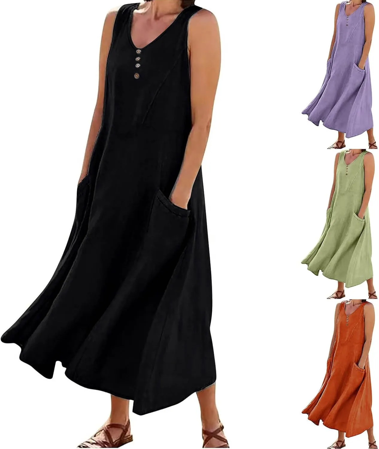 Summer Dresses for Women's 2025 Casual Cotton Linen Crewneck Sleeveless Sundress with Pocket Plus Size Boho Long Dress