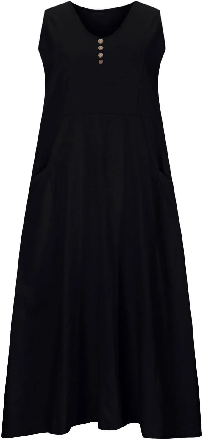 Summer Dresses for Women's 2025 Casual Cotton Linen Crewneck Sleeveless Sundress with Pocket Plus Size Boho Long Dress
