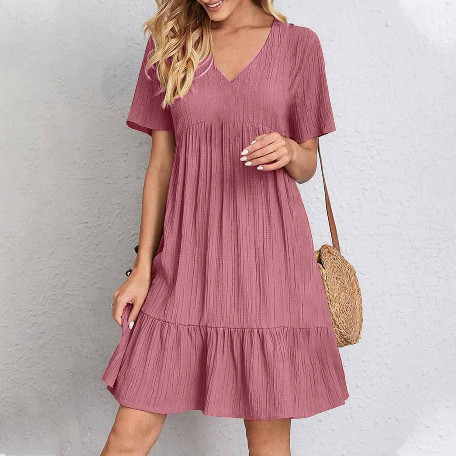 Summer Dresses for Womens V Neck Flutter Sleeve Flowy Short Dress Casual Midi Dress A Line Ruffle Tiered Swing Dresses