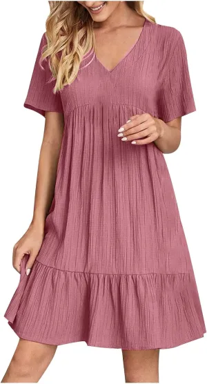 Summer Dresses for Womens V Neck Flutter Sleeve Flowy Short Dress Casual Midi Dress A Line Ruffle Tiered Swing Dresses