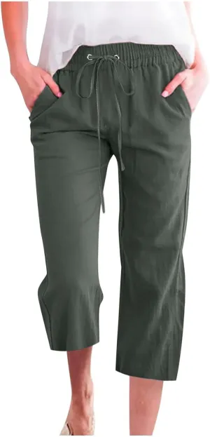 Summer Linen Capris for Women Casual Loose Wide Leg Trousers with Pockets Lightweight High Waisted Cropped Pants