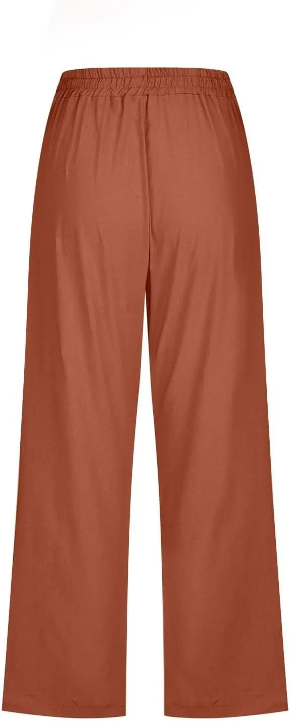 Summer Linen Capris for Women Casual Loose Wide Leg Trousers with Pockets Lightweight High Waisted Cropped Pants