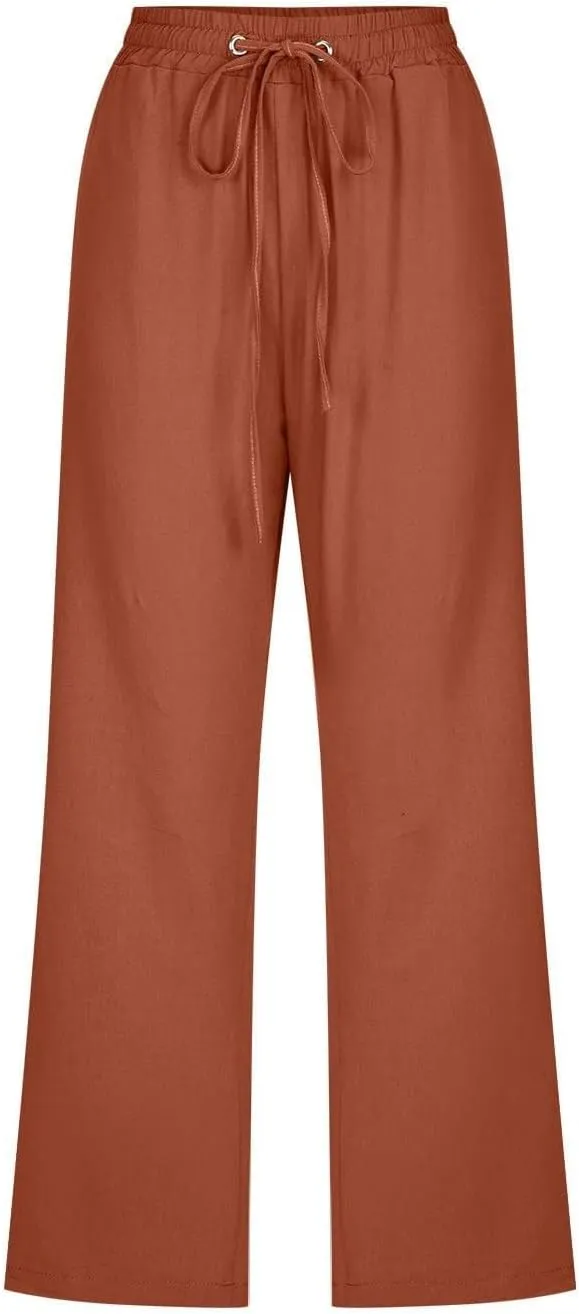 Summer Linen Capris for Women Casual Loose Wide Leg Trousers with Pockets Lightweight High Waisted Cropped Pants