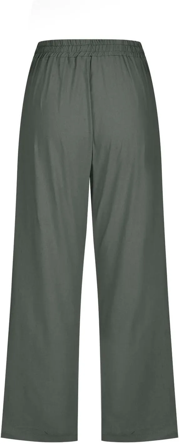 Summer Linen Capris for Women Casual Loose Wide Leg Trousers with Pockets Lightweight High Waisted Cropped Pants