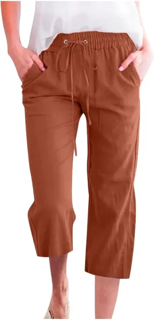 Summer Linen Capris for Women Casual Loose Wide Leg Trousers with Pockets Lightweight High Waisted Cropped Pants
