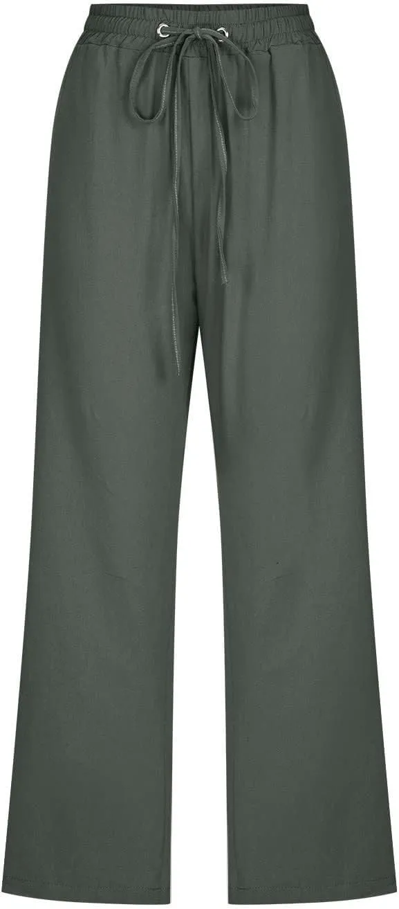 Summer Linen Capris for Women Casual Loose Wide Leg Trousers with Pockets Lightweight High Waisted Cropped Pants