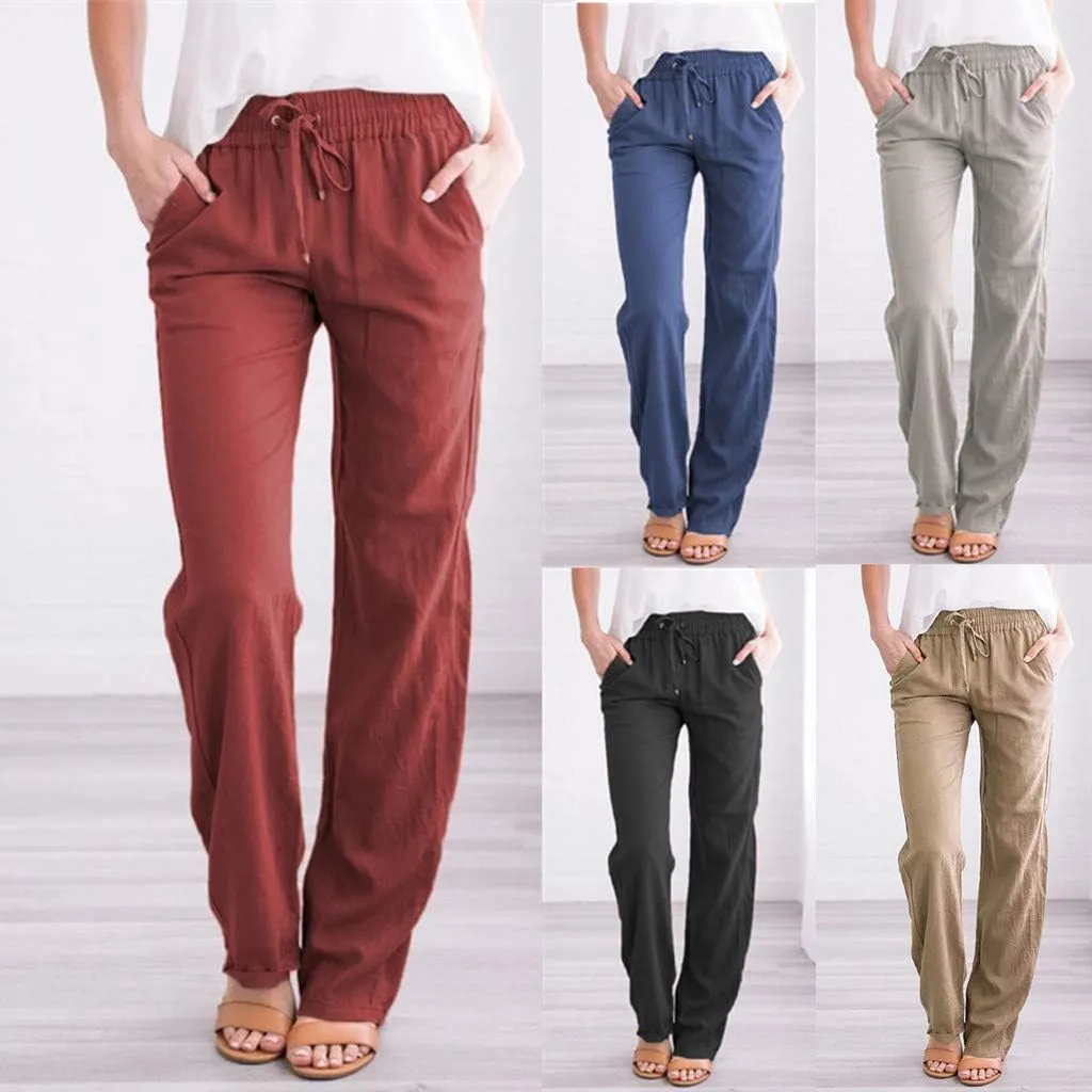 Summer Pants for Women Straight Leg Casual Trousers High Waisted Elastic Waist Breathable Travel Beach Lounge Pants