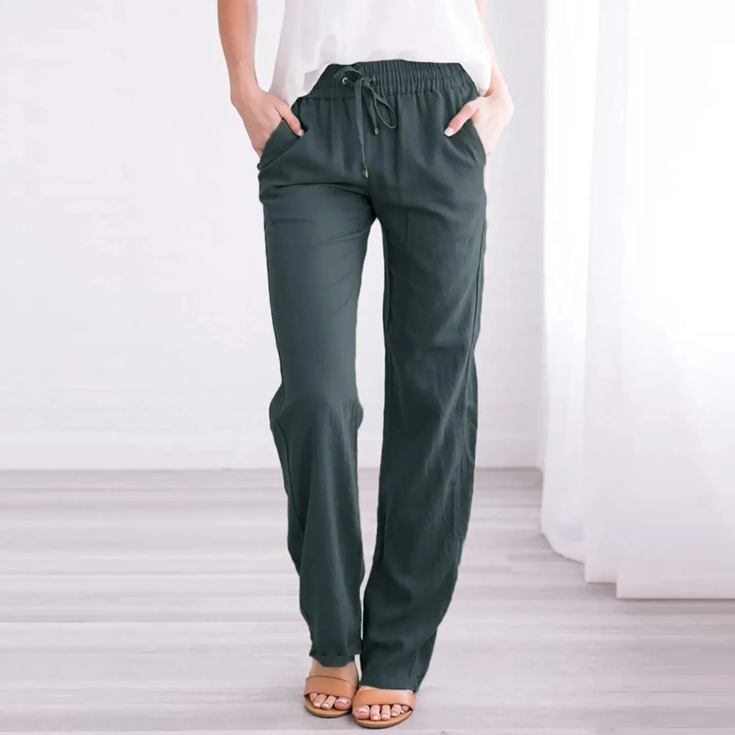 Summer Pants for Women Straight Leg Casual Trousers High Waisted Elastic Waist Breathable Travel Beach Lounge Pants