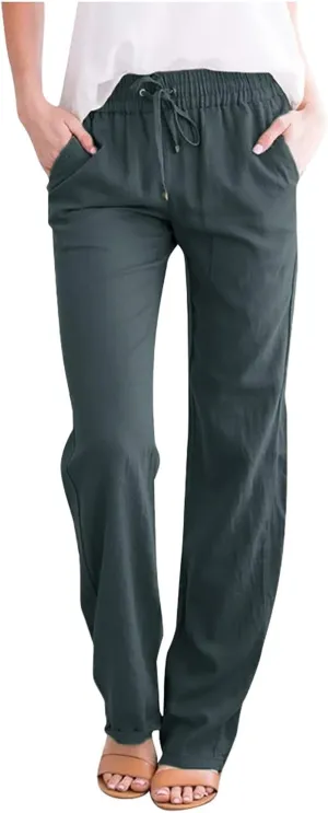 Summer Pants for Women Straight Leg Casual Trousers High Waisted Elastic Waist Breathable Travel Beach Lounge Pants
