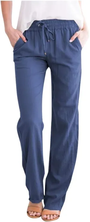 Summer Pants for Women Straight Leg Casual Trousers High Waisted Elastic Waist Breathable Travel Beach Lounge Pants