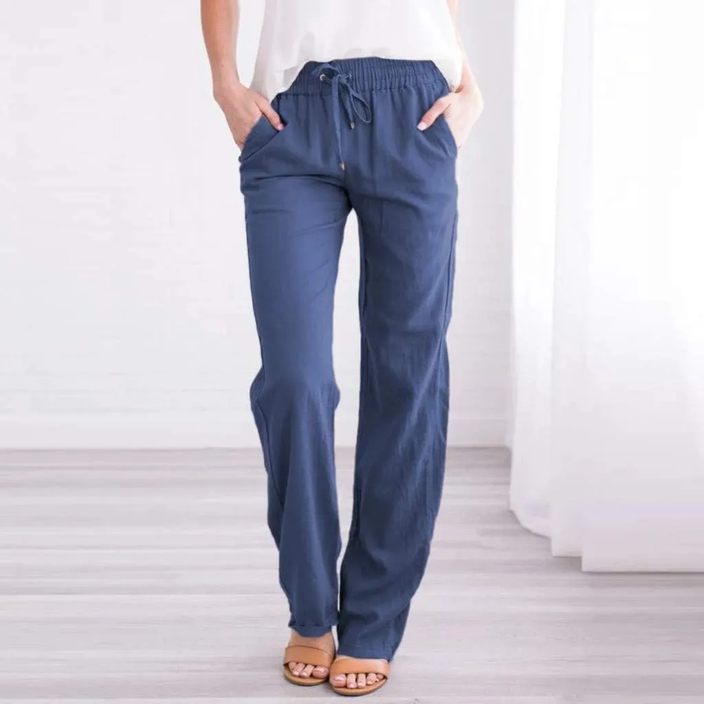 Summer Pants for Women Straight Leg Casual Trousers High Waisted Elastic Waist Breathable Travel Beach Lounge Pants