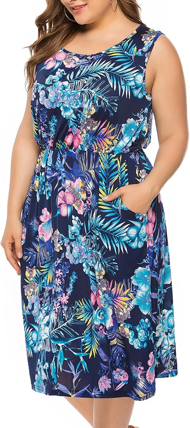 Summer-Ready Oversize Short Dress Loose Casual Swing Dress with Pockets Plus Size Hawaiian Print Luau Midi Dresses