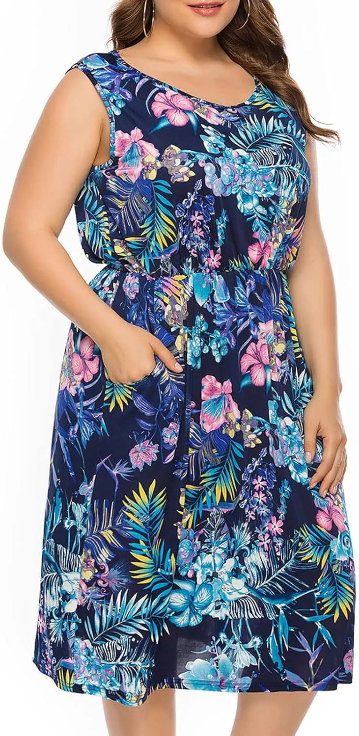 Summer-Ready Oversize Short Dress Loose Casual Swing Dress with Pockets Plus Size Hawaiian Print Luau Midi Dresses