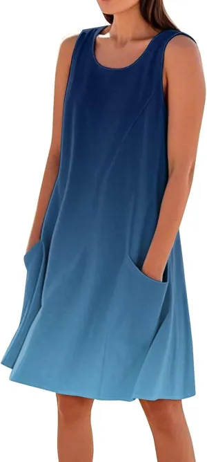 Summer Sleeveless Dresses for Women Loose Fit Beach Vacation Tank Dress Casual Flowy Midi Sundresses with Pockets