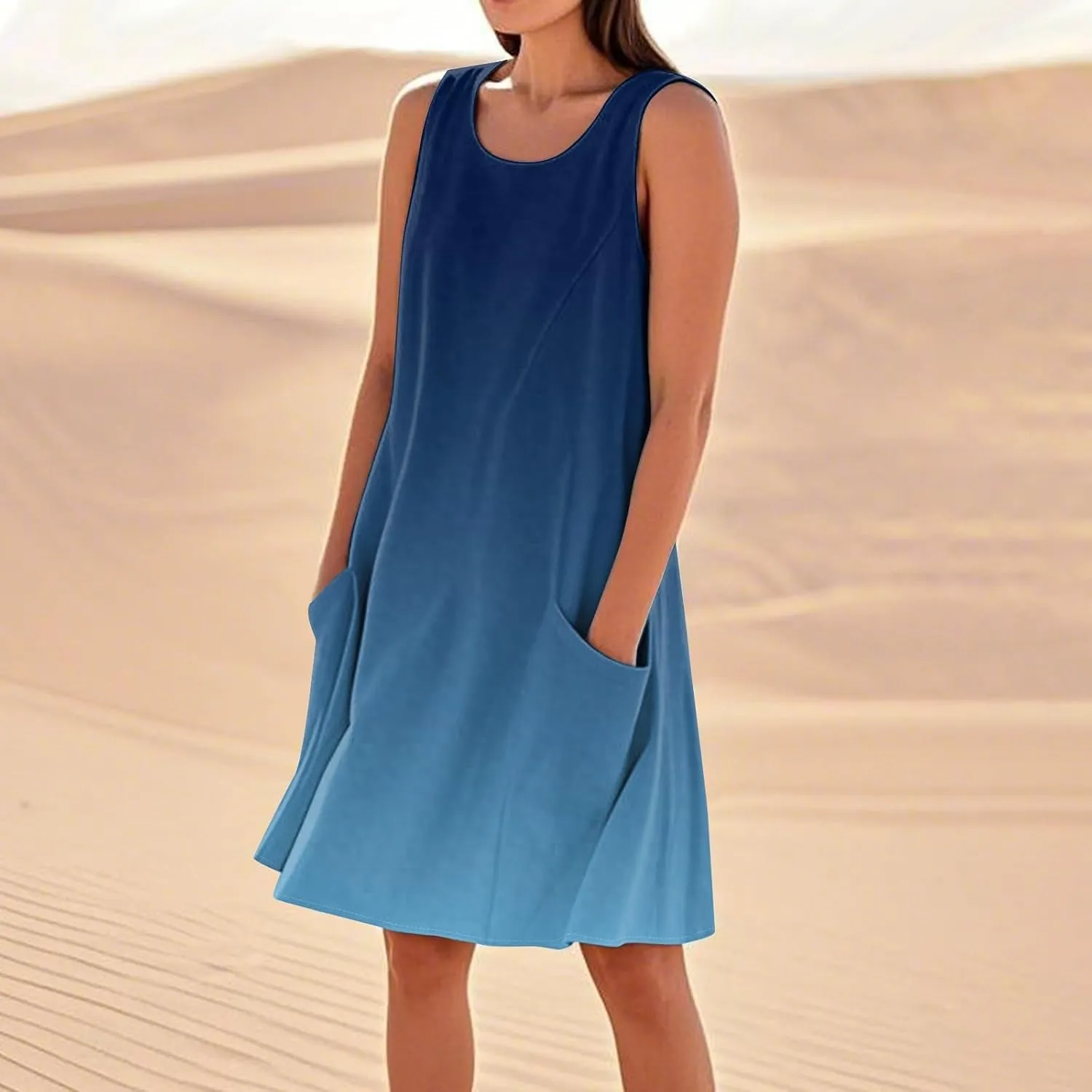 Summer Sleeveless Dresses for Women Loose Fit Beach Vacation Tank Dress Casual Flowy Midi Sundresses with Pockets