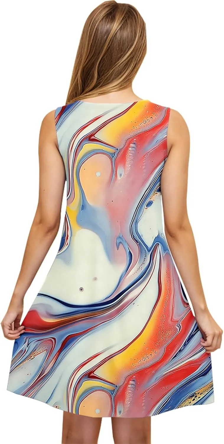 Summer Sundress for Women Beach Boho Sleeveless Vintage Floral Flowy Tank Sundress Loose Swing A-Line Mini Dress