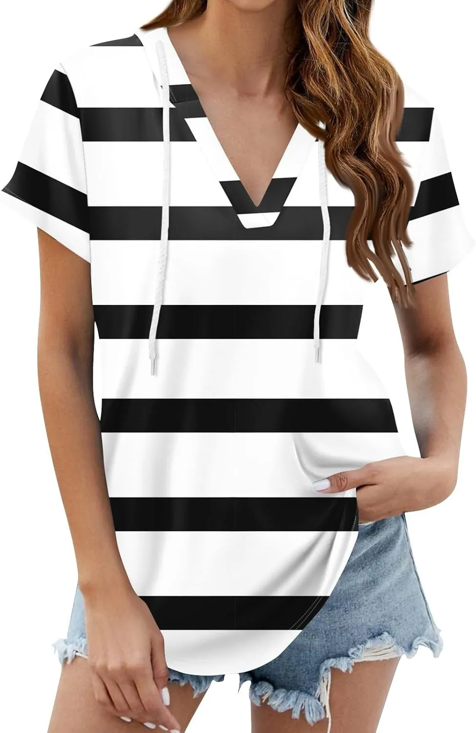 Summer Tops for Women 2025 Trendy V-Neck Tees Outfits Casual Puff Short Sleeve Blouses Hoodie Tunic Tops Printed Tshirts