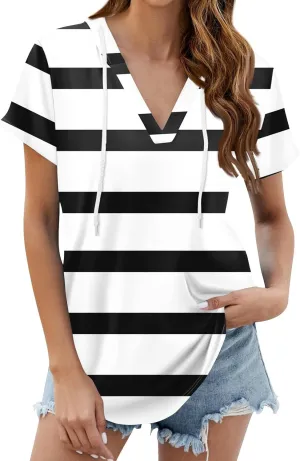 Summer Tops for Women 2025 Trendy V-Neck Tees Outfits Casual Puff Short Sleeve Blouses Hoodie Tunic Tops Printed Tshirts