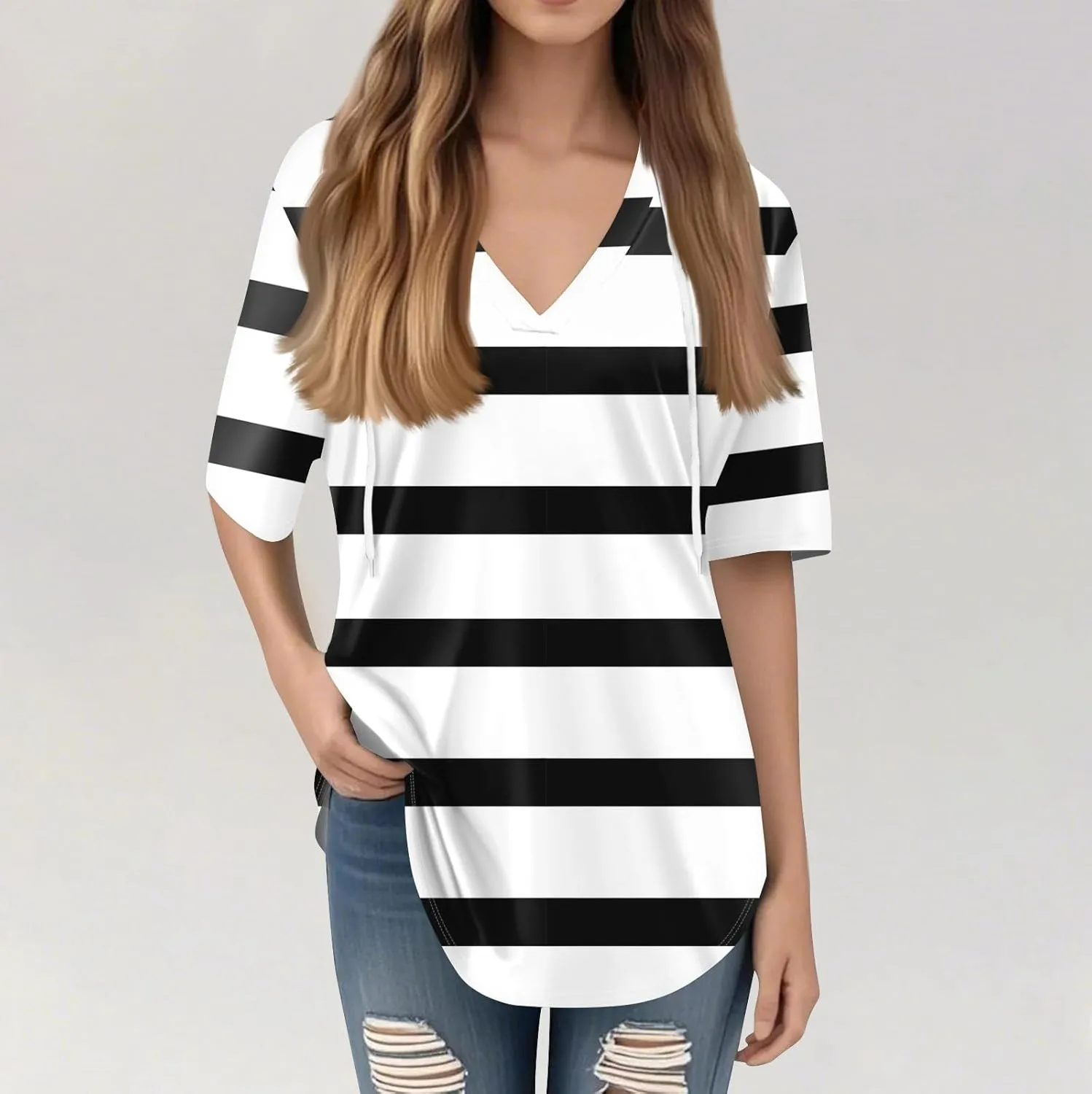 Summer Tops for Women 2025 Trendy V-Neck Tees Outfits Casual Puff Short Sleeve Blouses Hoodie Tunic Tops Printed Tshirts