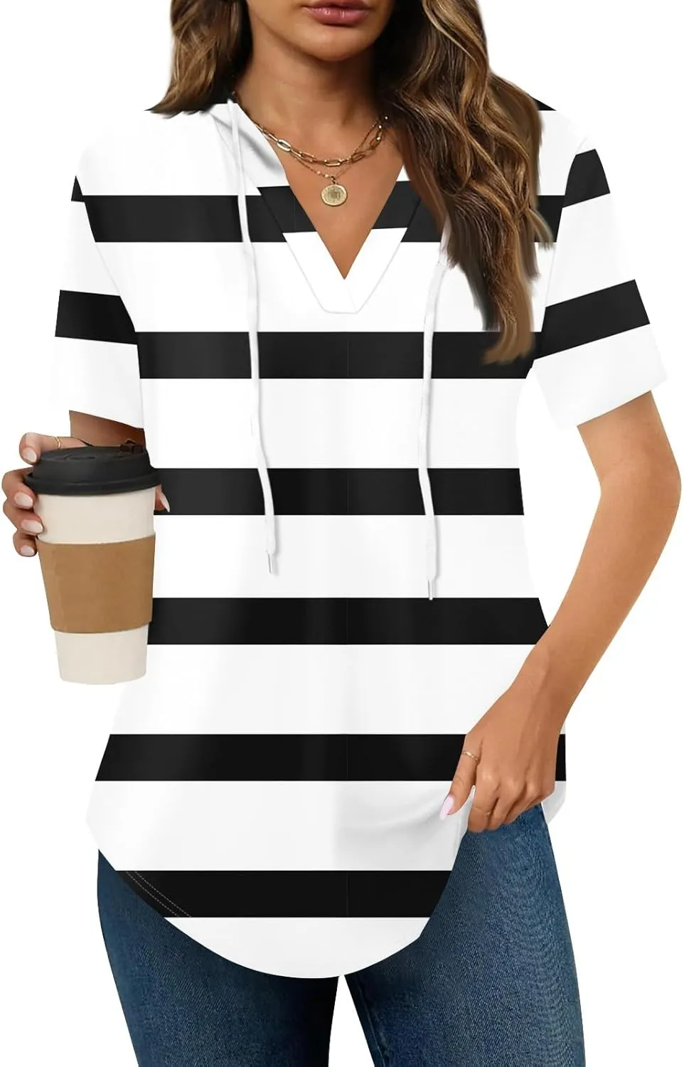 Summer Tops for Women 2025 Trendy V-Neck Tees Outfits Casual Puff Short Sleeve Blouses Hoodie Tunic Tops Printed Tshirts
