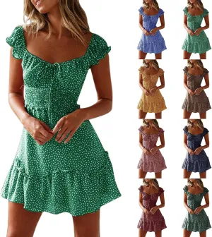 Summer Womens Smocked Dresses Ruffle Floral Tie Front Boho Sundress Sexy Fashion Print Neckline Mini Dress