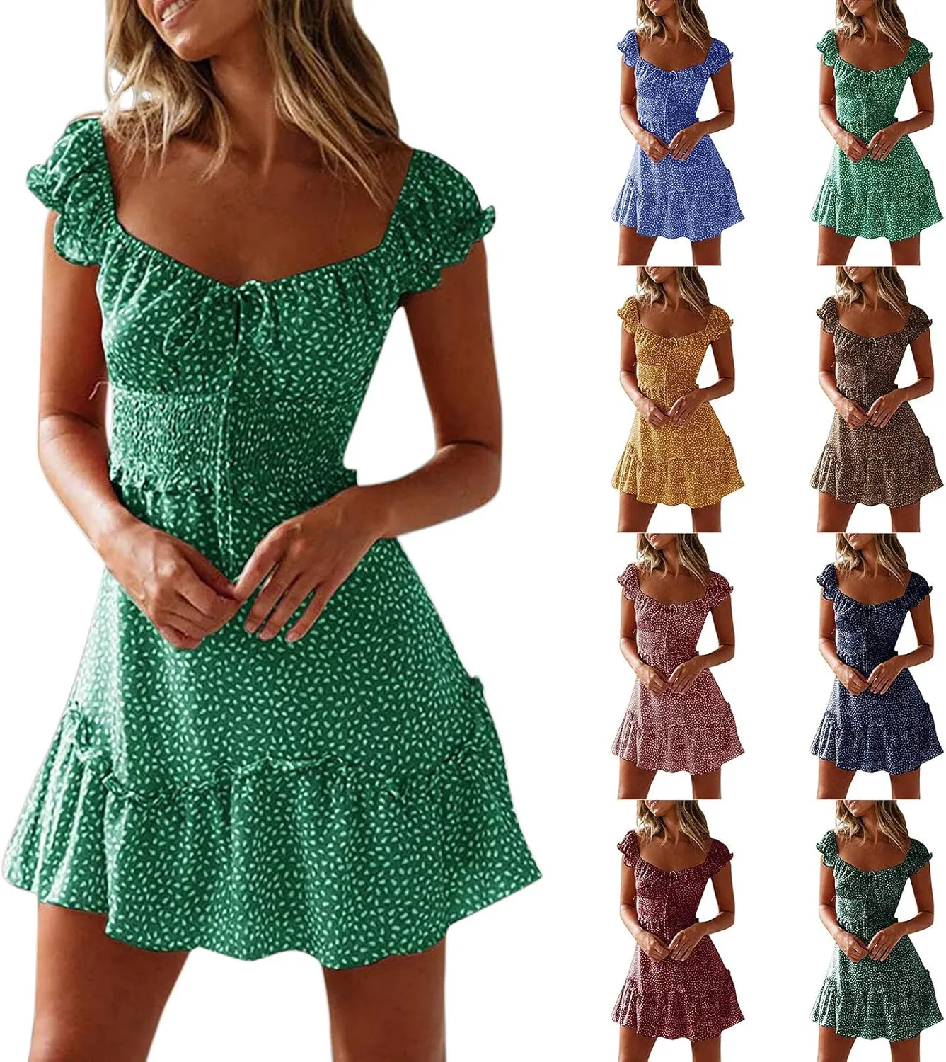 Summer Womens Smocked Dresses Ruffle Floral Tie Front Boho Sundress Sexy Fashion Print Neckline Mini Dress