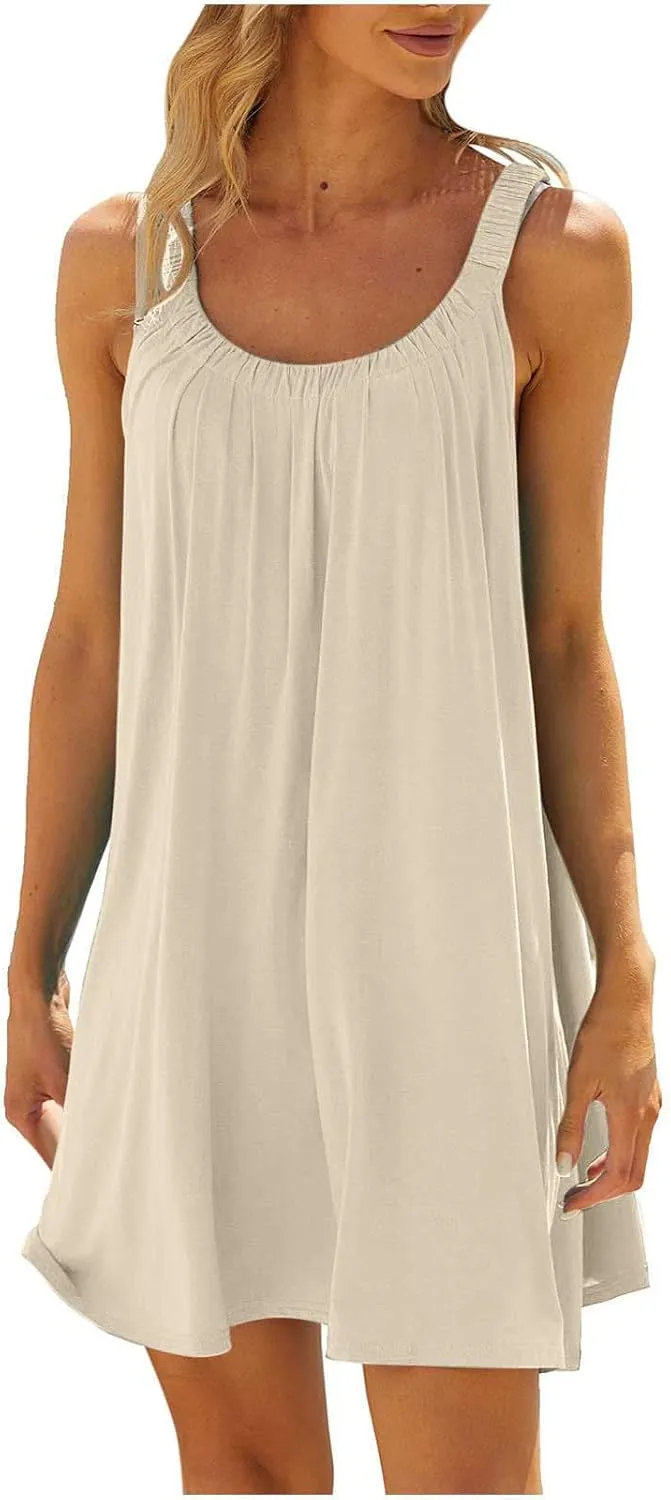 Sun Dresses Women Sleeveless Crewneck Mini Dress Ruffle Summer Beach Coverup Sundress Casual Hawaiian Outfits