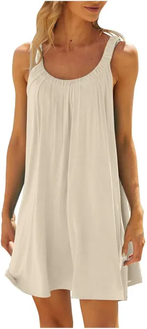 Sun Dresses Women Sleeveless Crewneck Mini Dress Ruffle Summer Beach Coverup Sundress Casual Hawaiian Outfits
