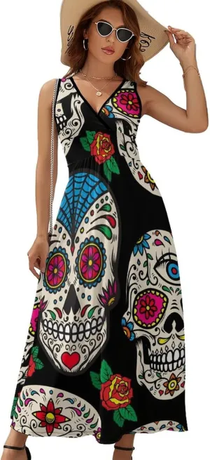 Sundresses for Women Summer Long Dress Sexy V Neck Casual Dress Beach Maxi Dress Flowy Loose Sleeveless Dress