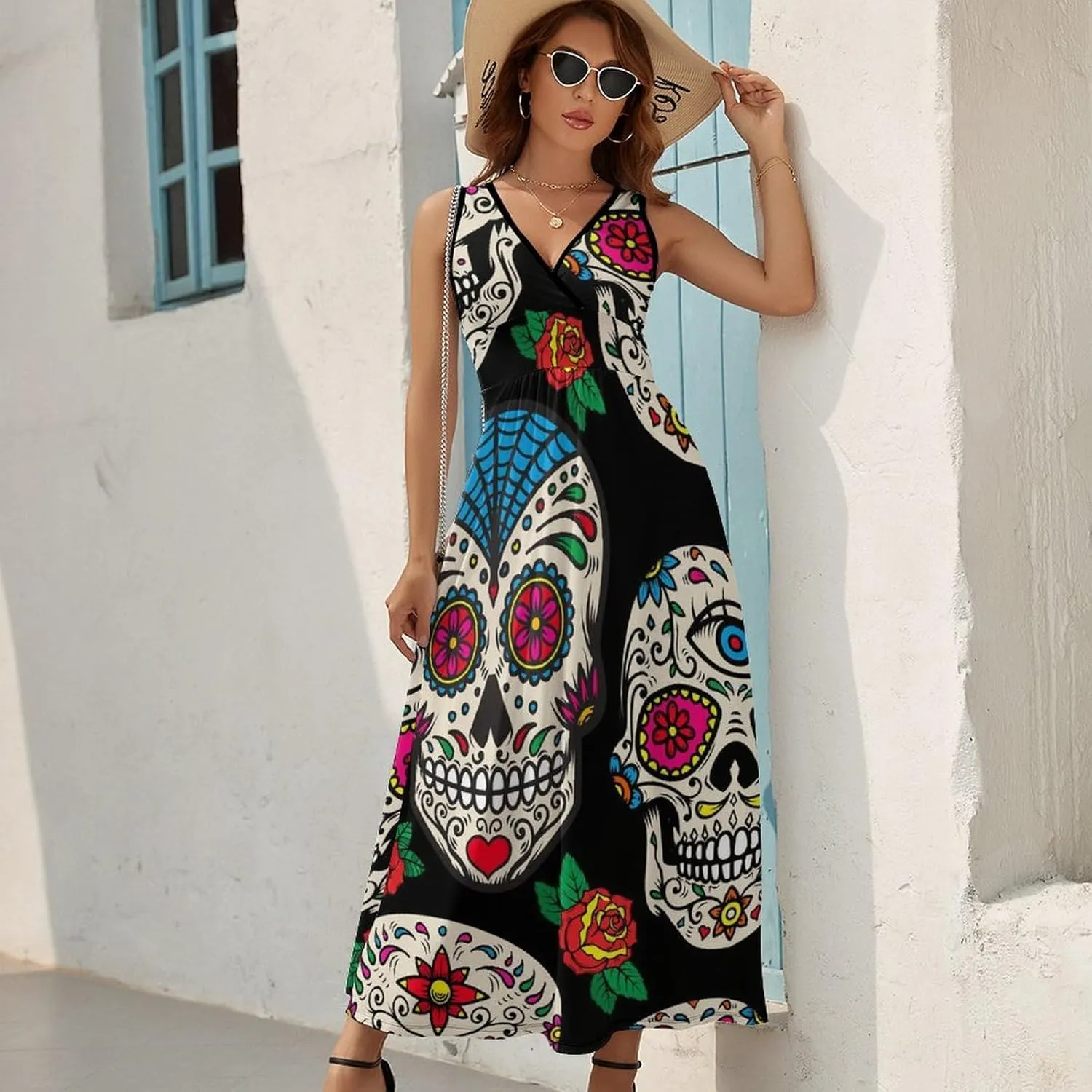Sundresses for Women Summer Long Dress Sexy V Neck Casual Dress Beach Maxi Dress Flowy Loose Sleeveless Dress