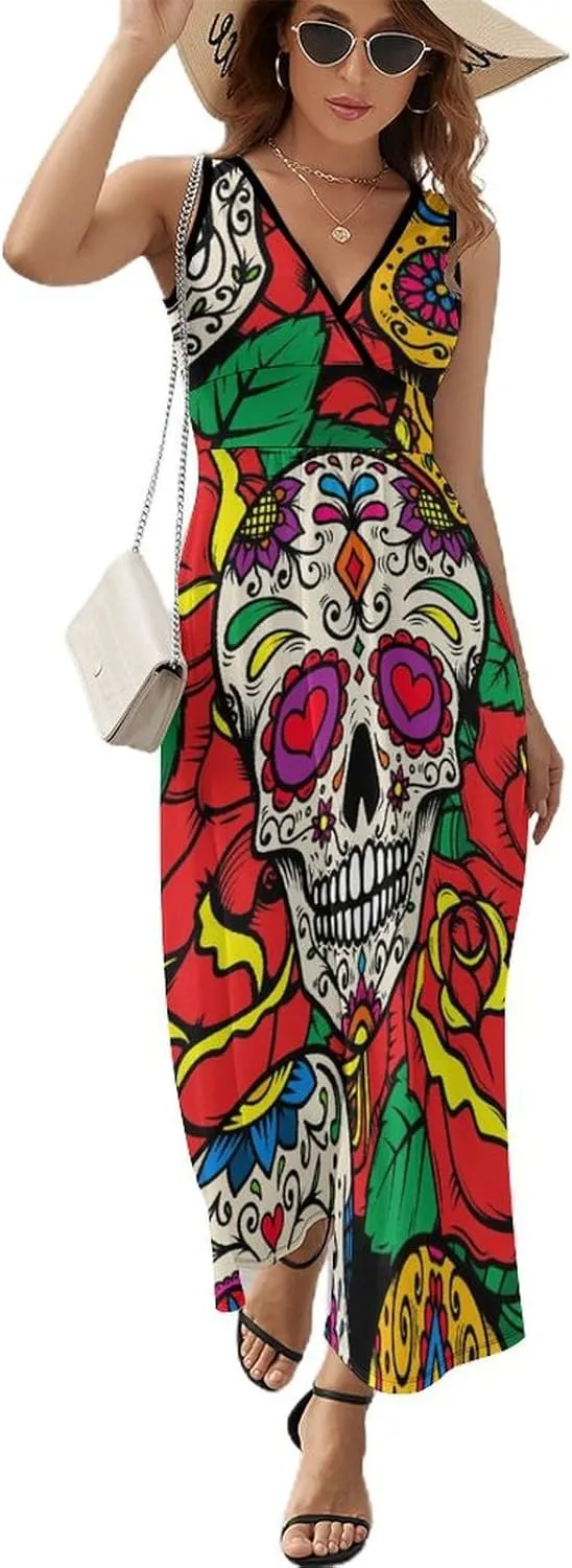 Sundresses for Women Summer Long Dress Sexy V Neck Casual Dress Beach Maxi Dress Flowy Loose Sleeveless Dress
