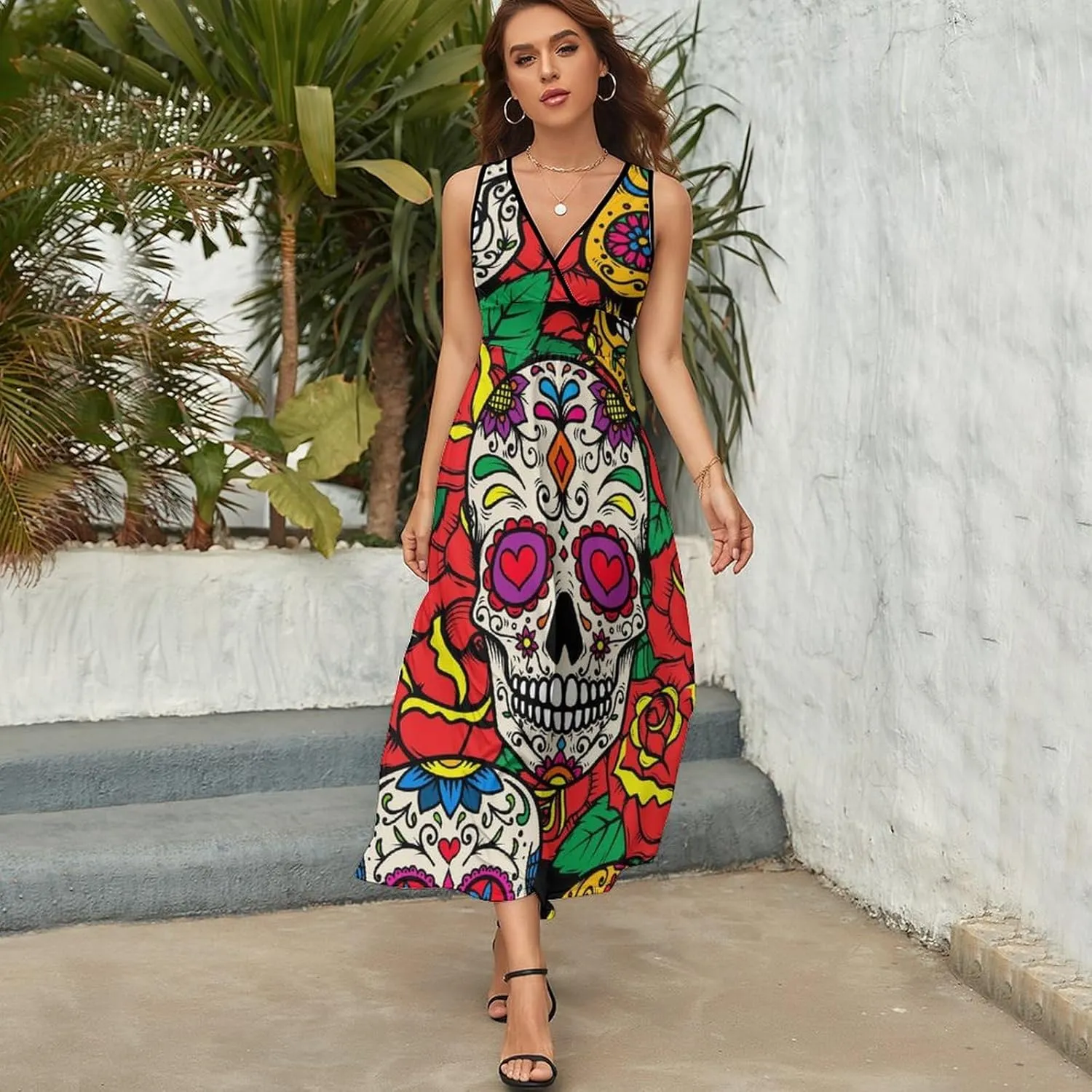 Sundresses for Women Summer Long Dress Sexy V Neck Casual Dress Beach Maxi Dress Flowy Loose Sleeveless Dress