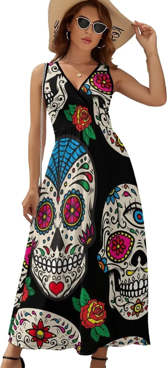 Sundresses for Women Summer Long Dress Sexy V Neck Casual Dress Beach Maxi Dress Flowy Loose Sleeveless Dress