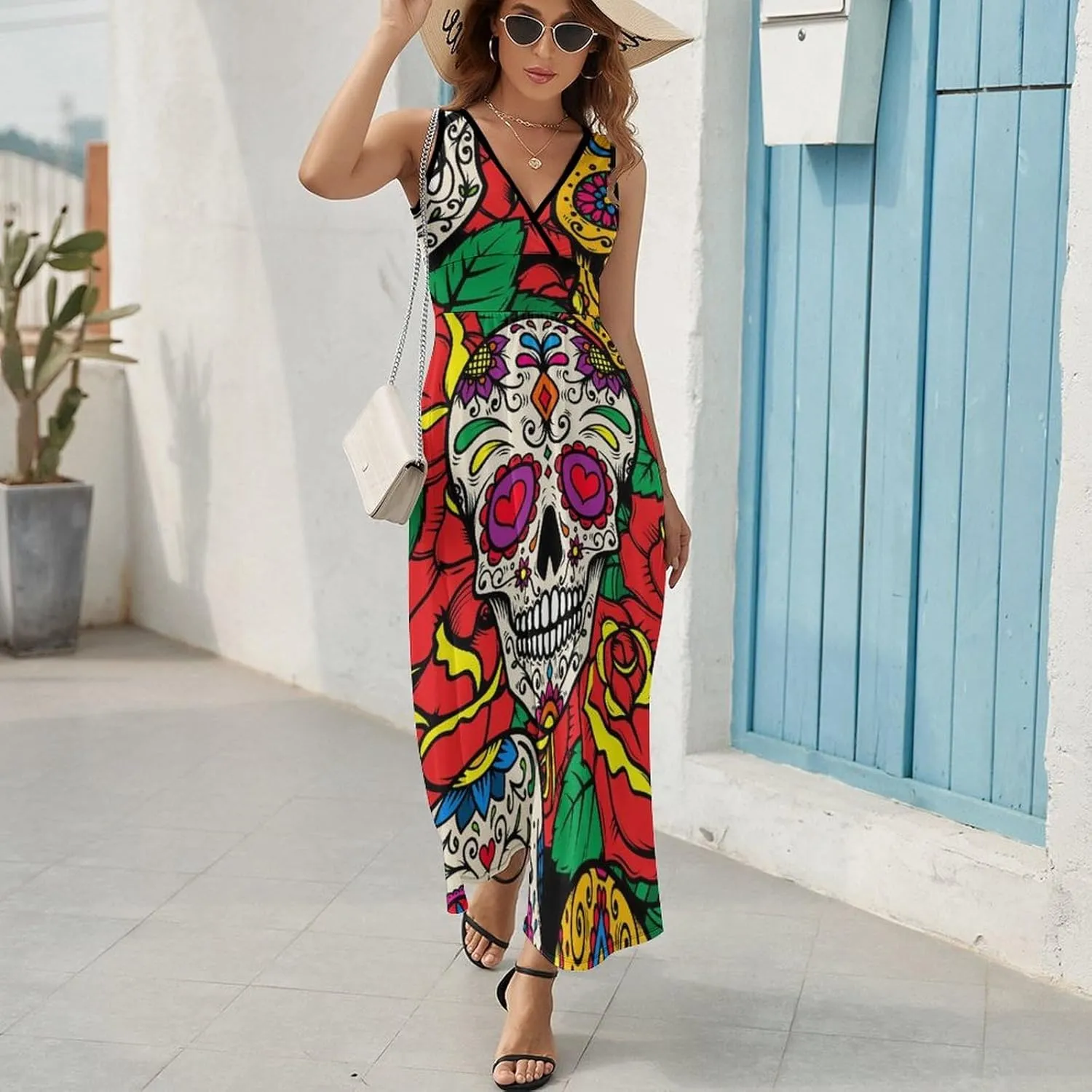 Sundresses for Women Summer Long Dress Sexy V Neck Casual Dress Beach Maxi Dress Flowy Loose Sleeveless Dress