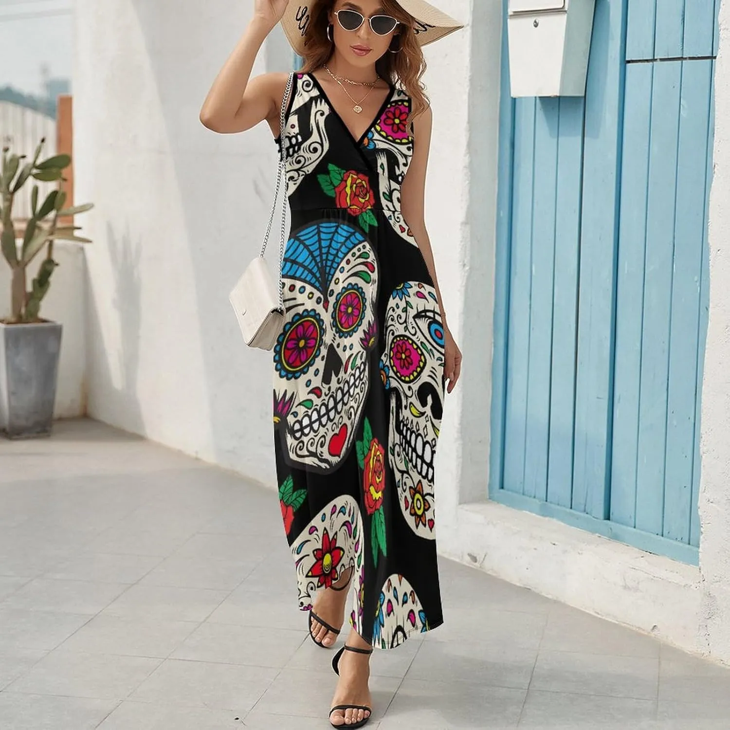 Sundresses for Women Summer Long Dress Sexy V Neck Casual Dress Beach Maxi Dress Flowy Loose Sleeveless Dress