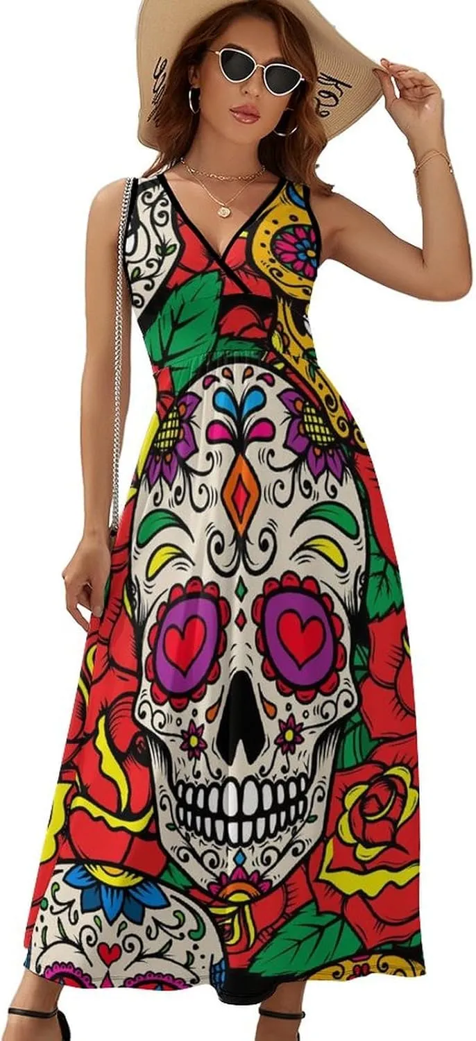 Sundresses for Women Summer Long Dress Sexy V Neck Casual Dress Beach Maxi Dress Flowy Loose Sleeveless Dress